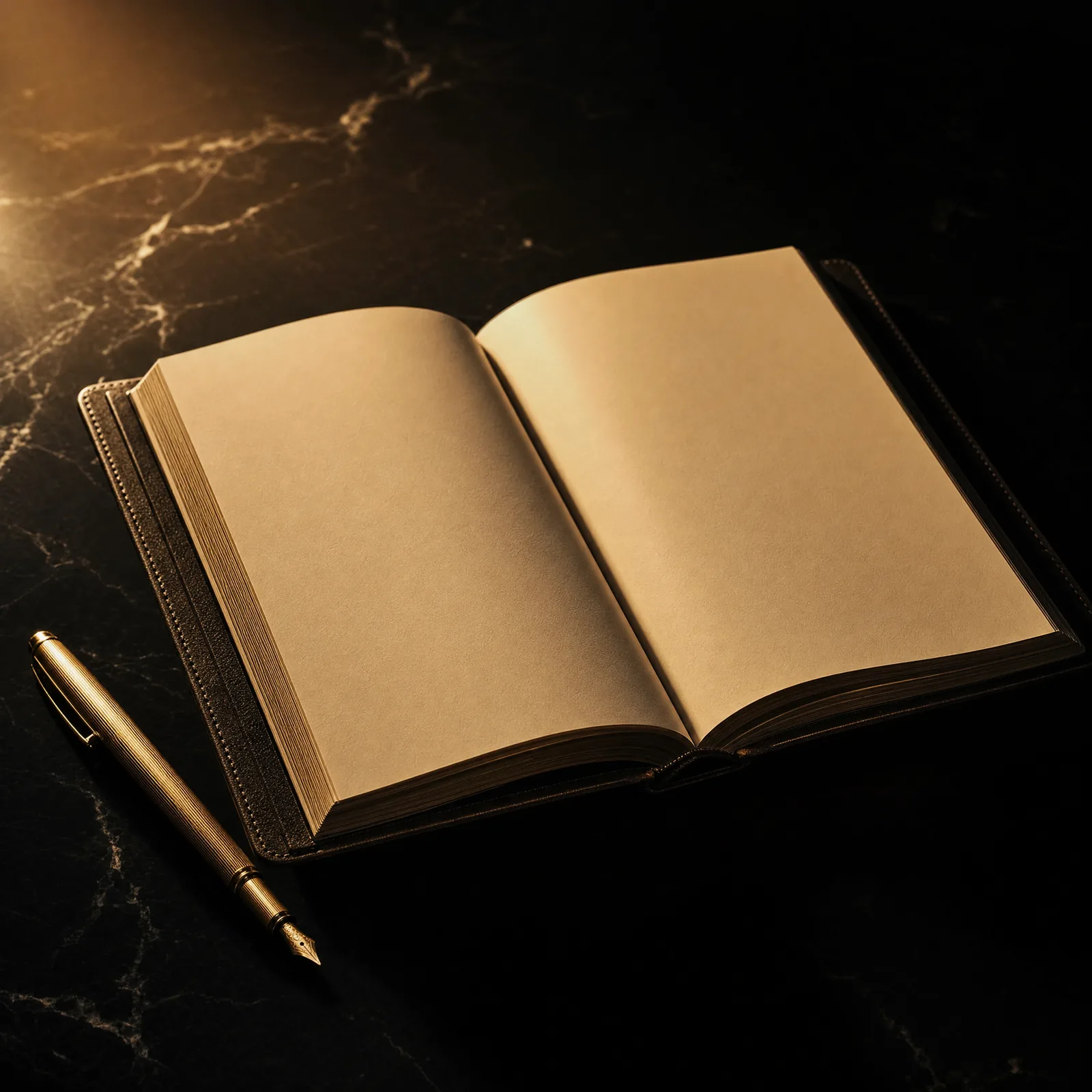 stoic evening review – open journal on obsidian desk with champagne gold pen