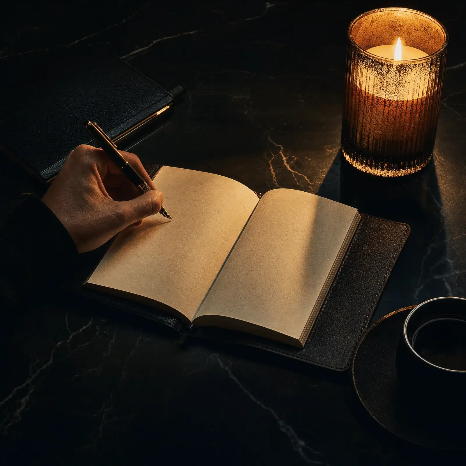 stoic evening review journaling – hand writing in journal by candlelight