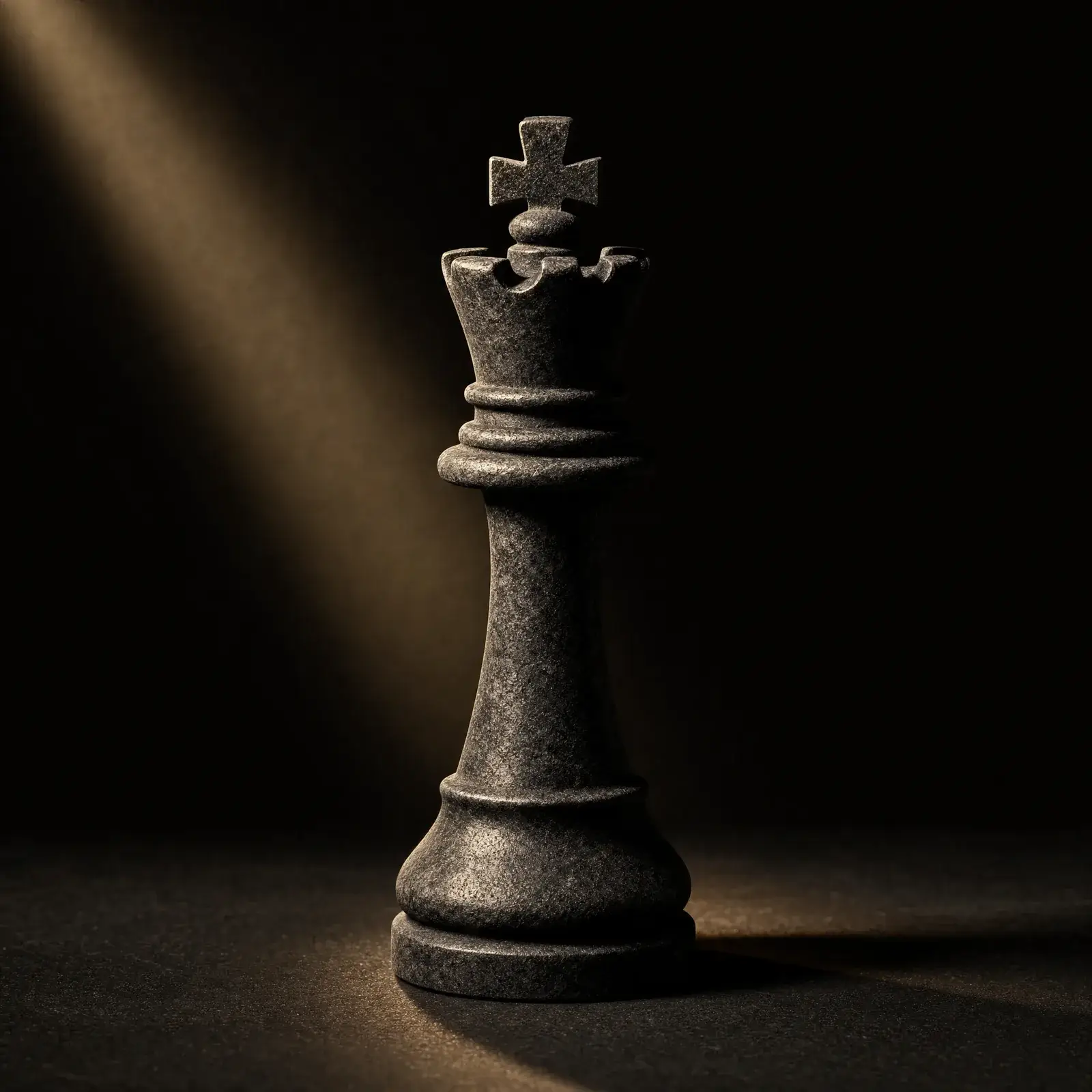 stoicism under pressure – stone chess king standing steady under a single light on a dark surface