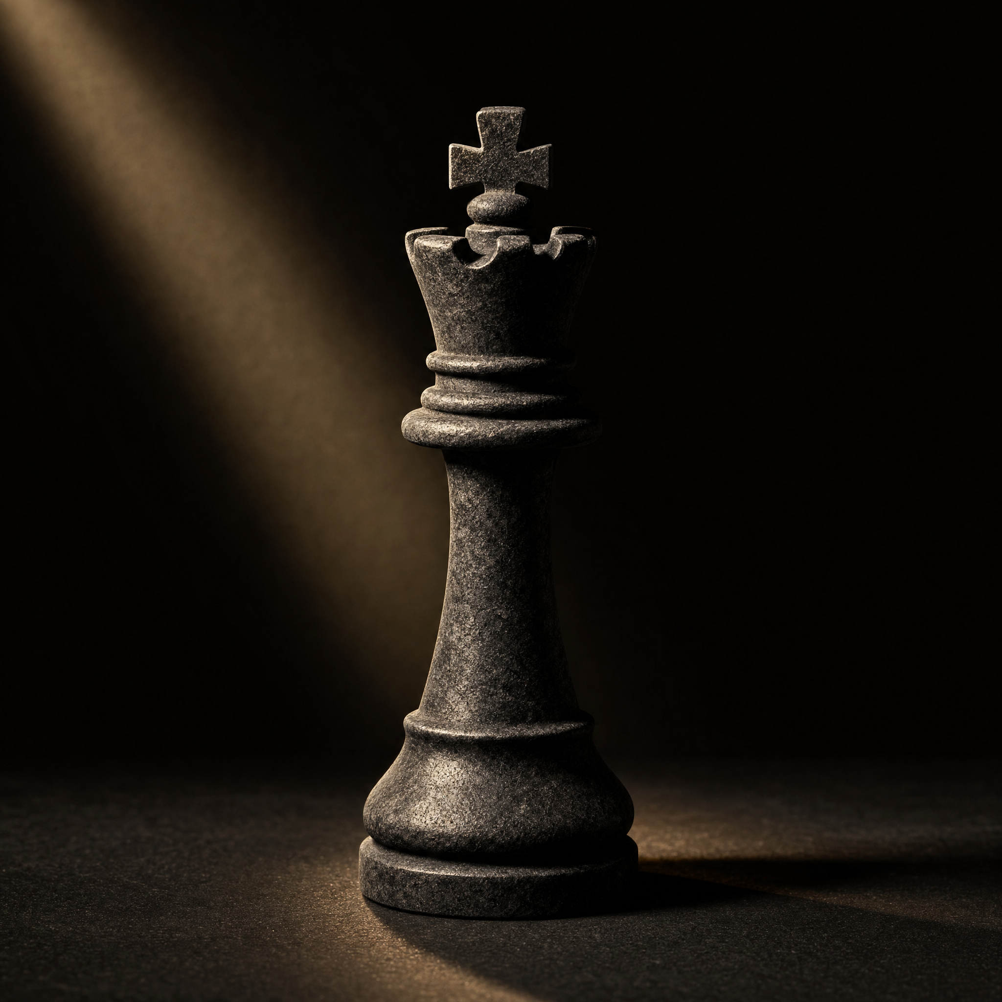 stoicism under pressure – stone chess king standing steady under a single light on a dark surface