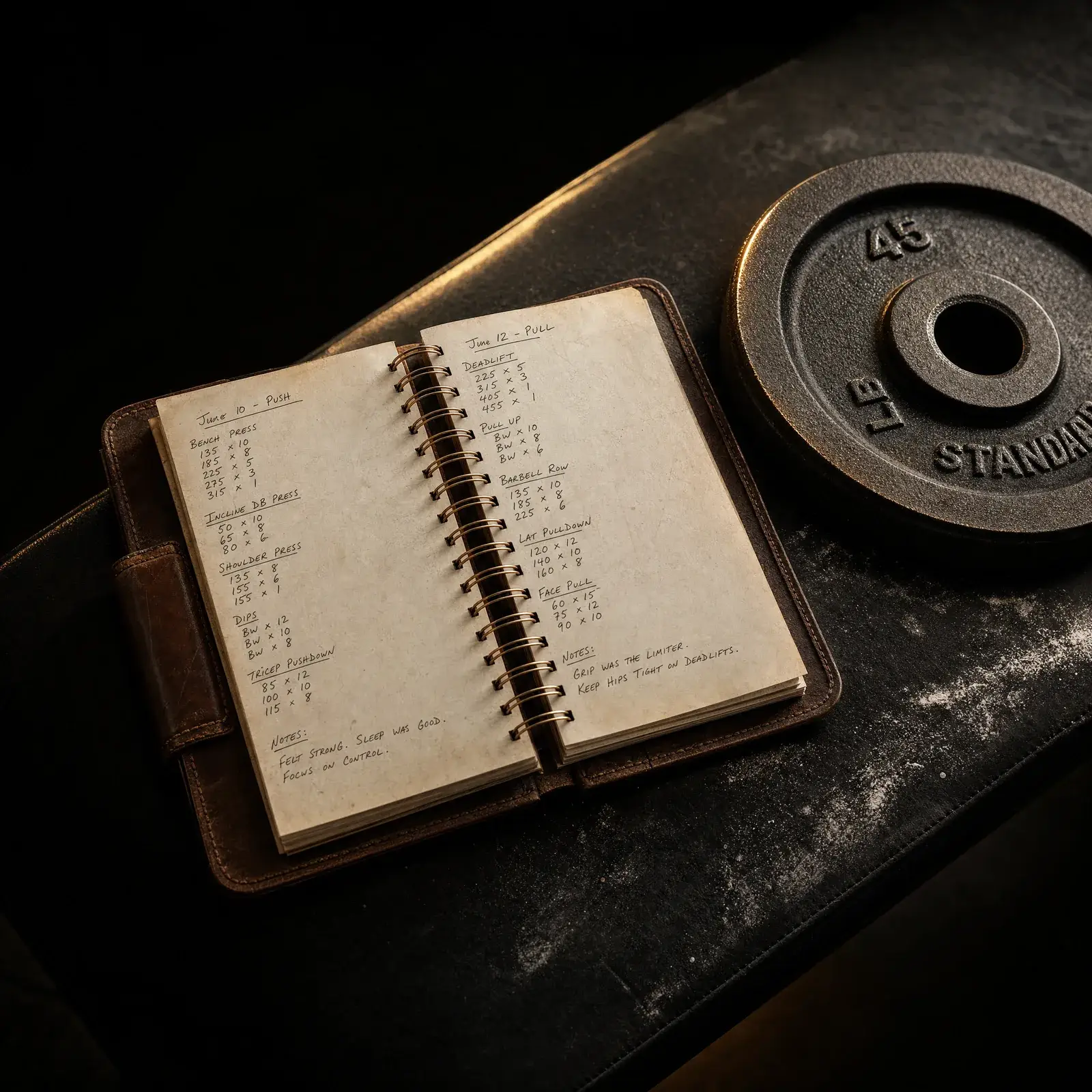 strength training for men over 30 – training log and weight plate on gym bench