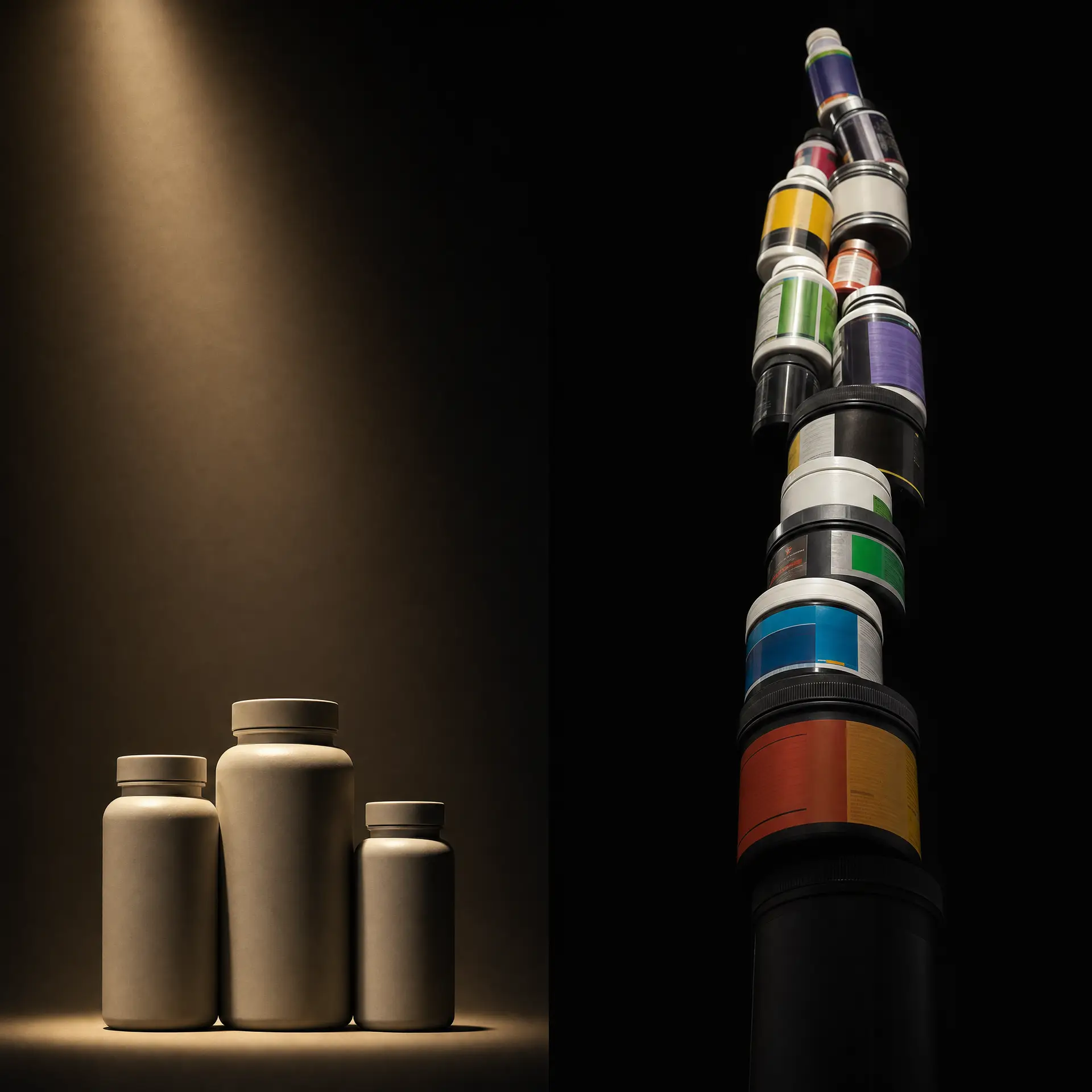 supplement stack – lean evidence-backed bottles beside a tall pile of hyped marketing supplements