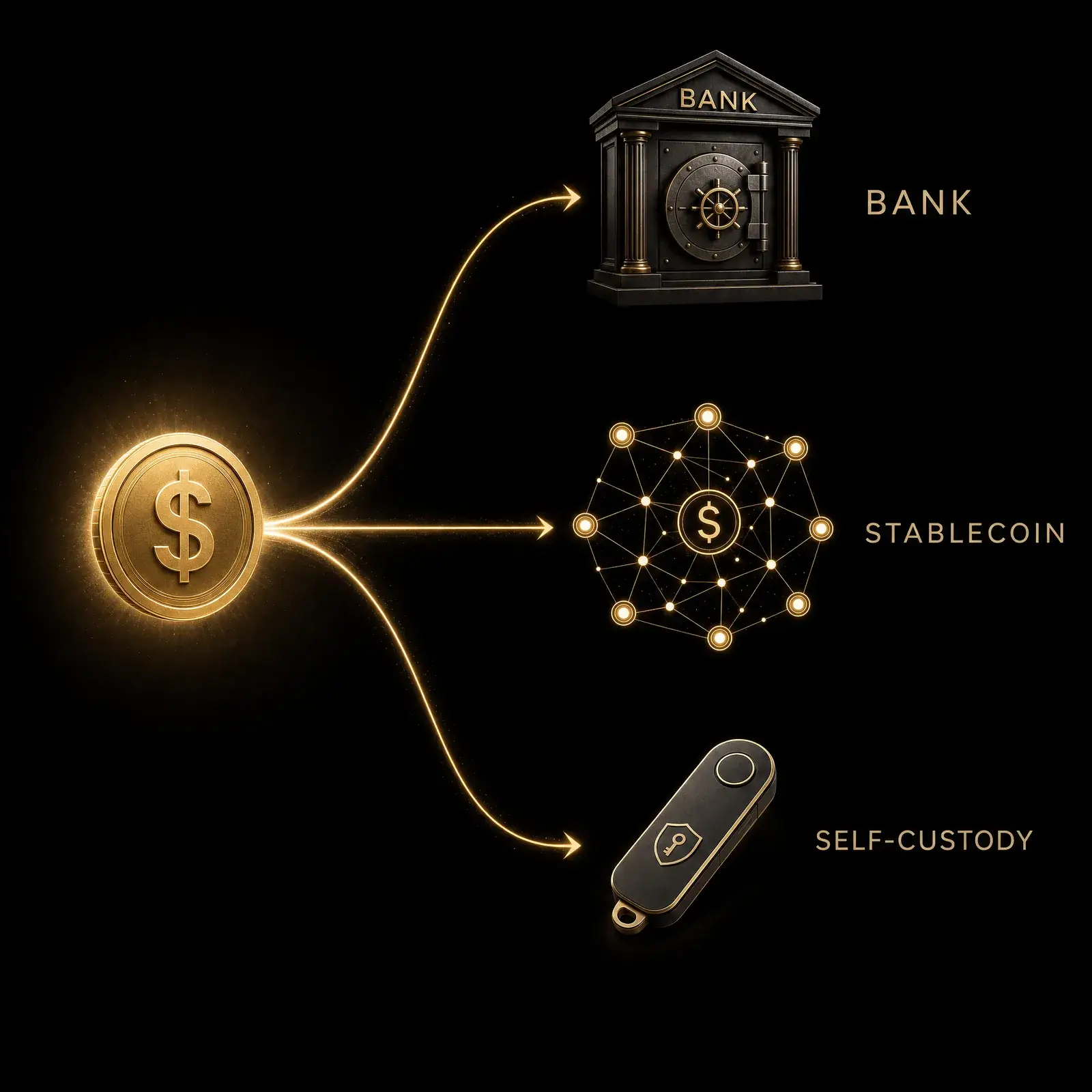 Infographic showing a digital dollar splitting into tokenized bank deposit, stablecoin, and self-custody paths