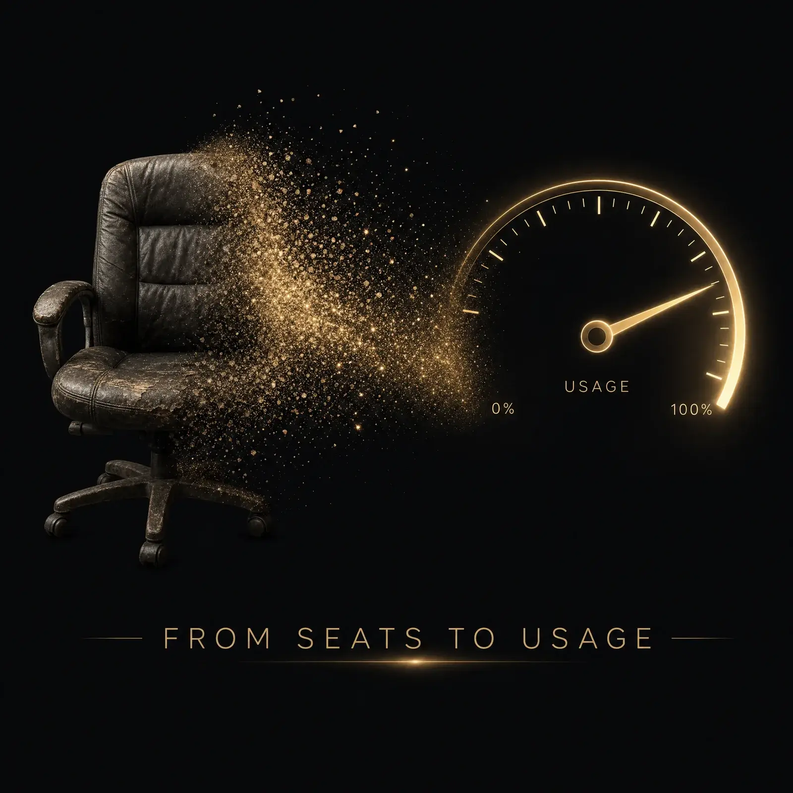 Conceptual image of a software seat dissolving into a usage meter, representing the shift from per-seat to usage-based pricing