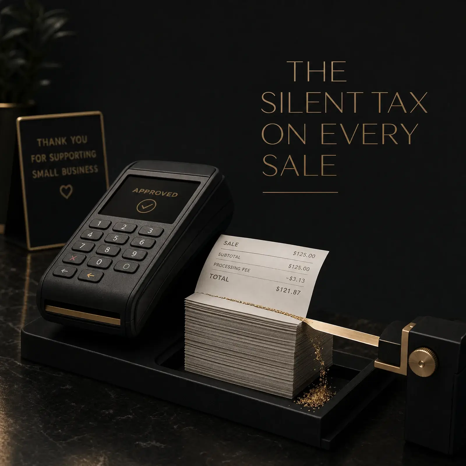 Conceptual image of a swipe fee being skimmed off a small business sale at a card terminal