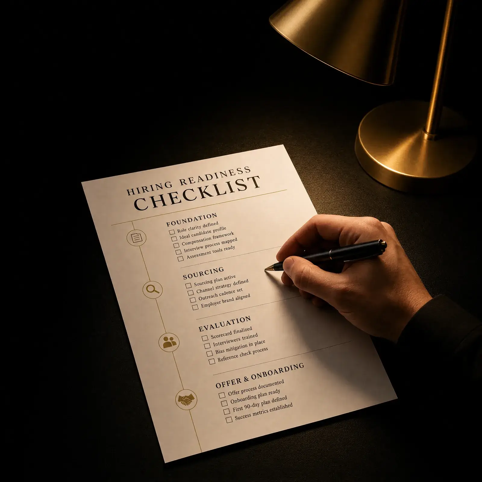when to make your first hire – founder reviewing a hiring readiness checklist at a dark desk