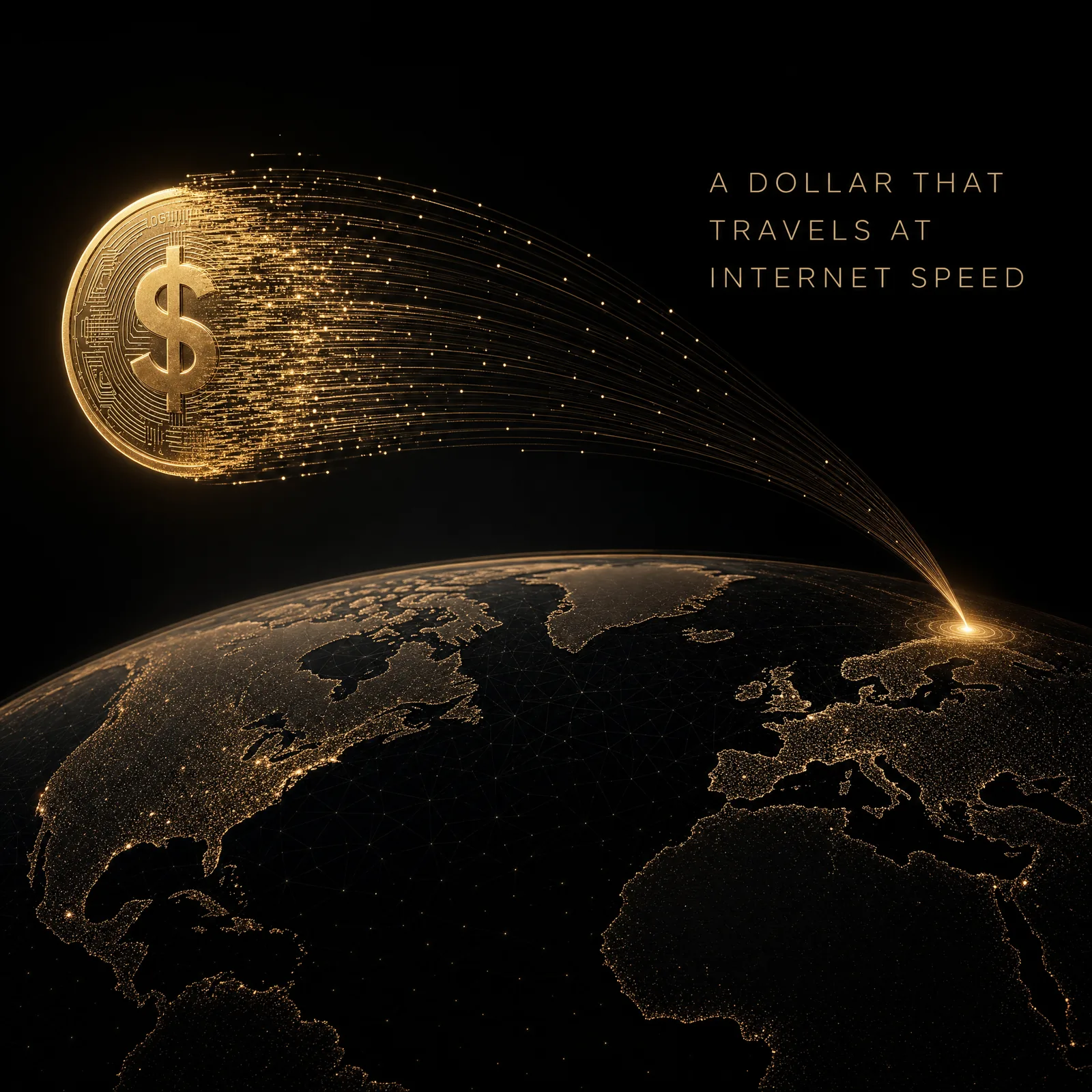 ZelleUSD stablecoin concept: a digital dollar moving across borders at internet speed